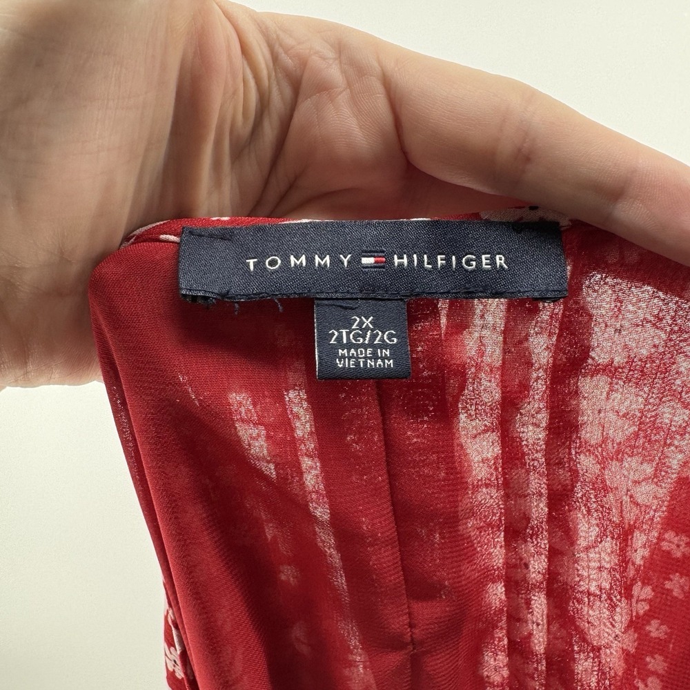 Tommy Hilfiger 2X Red Floral Peasant Blouse Boho Flowy Fall Sheer Chic Top - Picture 6 of 7